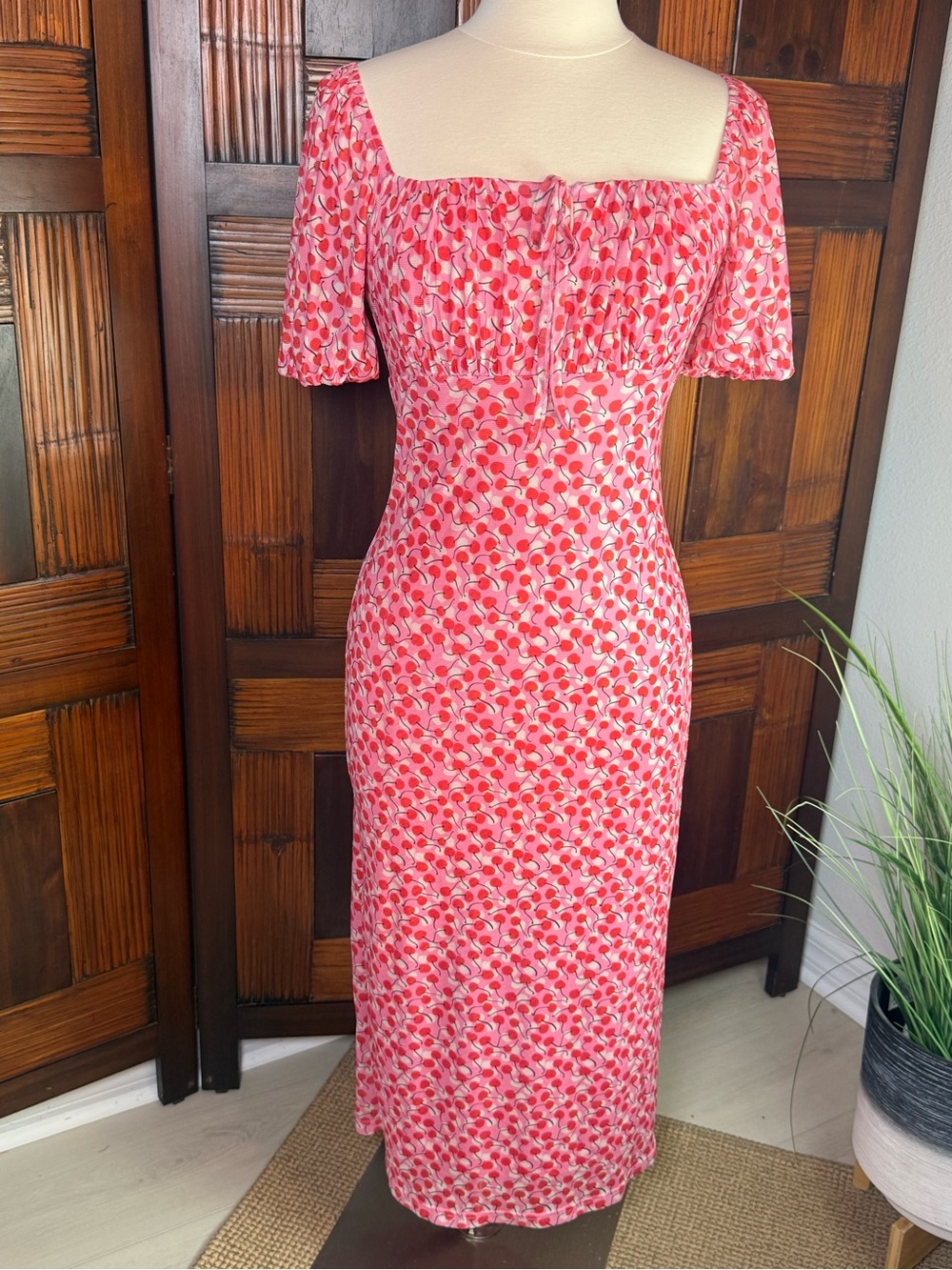 Cupshe NWT Cherry Print Mesh Midi Dress Small Pink Square Neck Coquette Y2K - Picture 2 of 15
